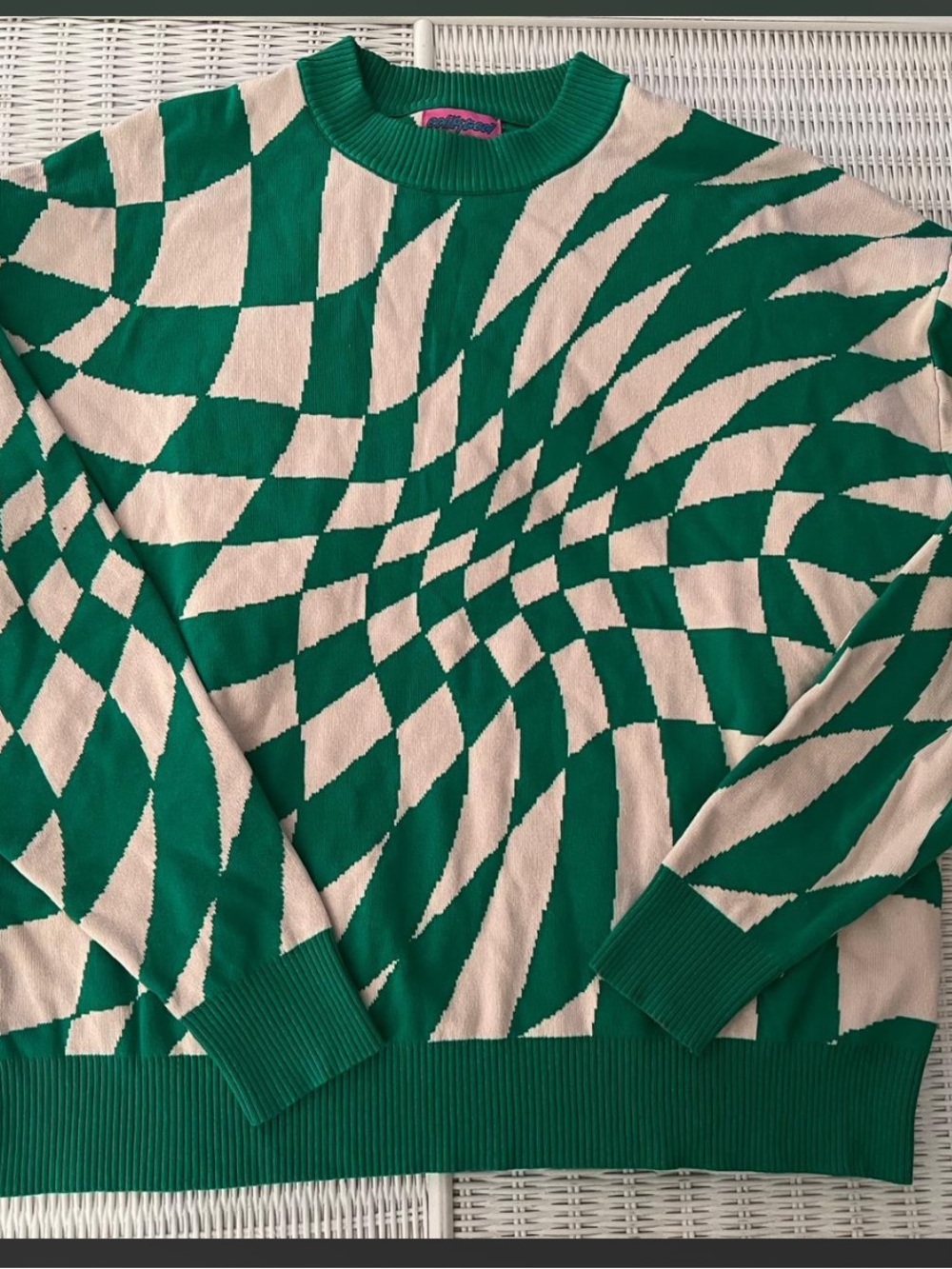 Edikted Green & Cream Optical-Print Crewneck Sweater size M/L
